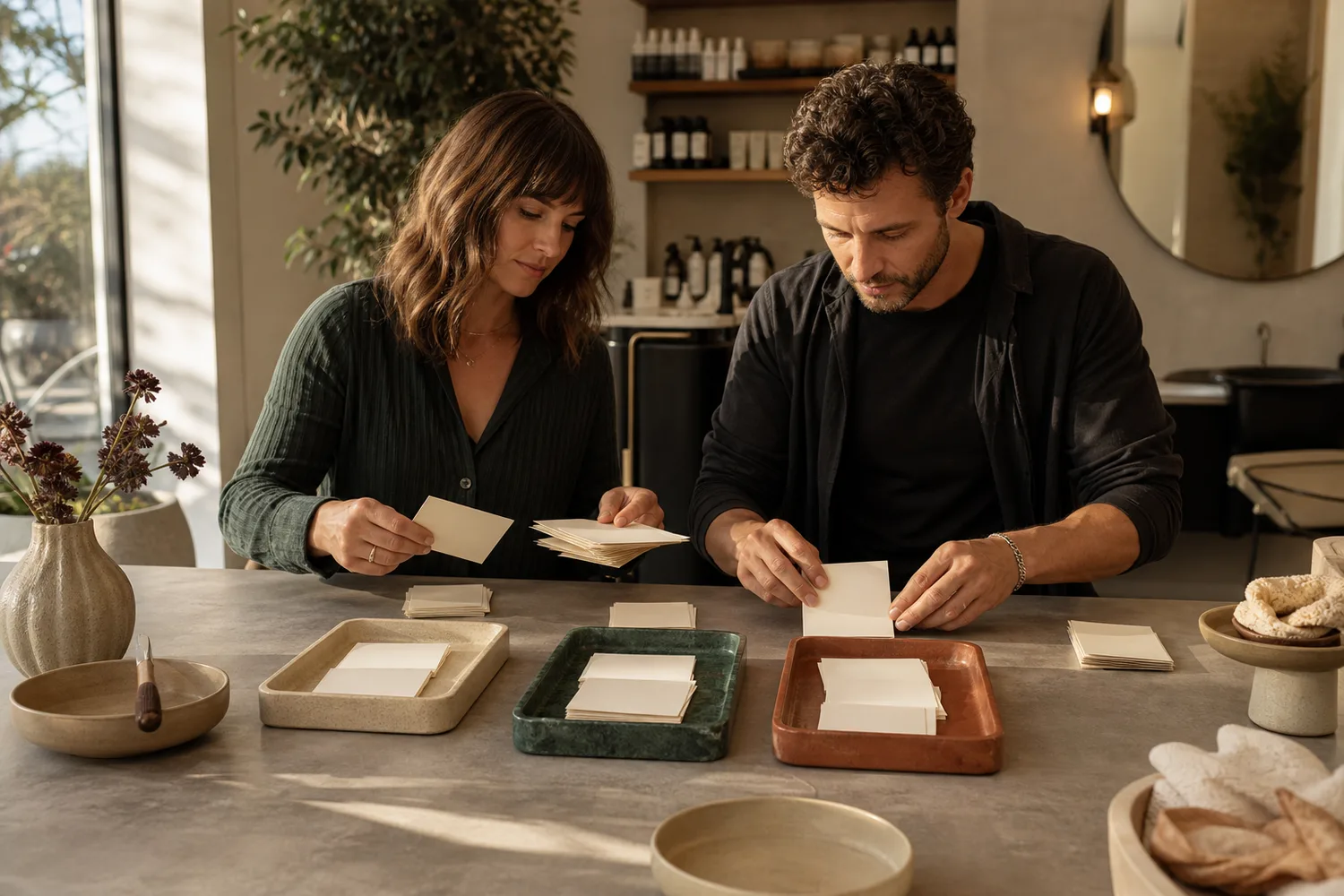 Fictional salon team sorting blank evidence cards into three trays