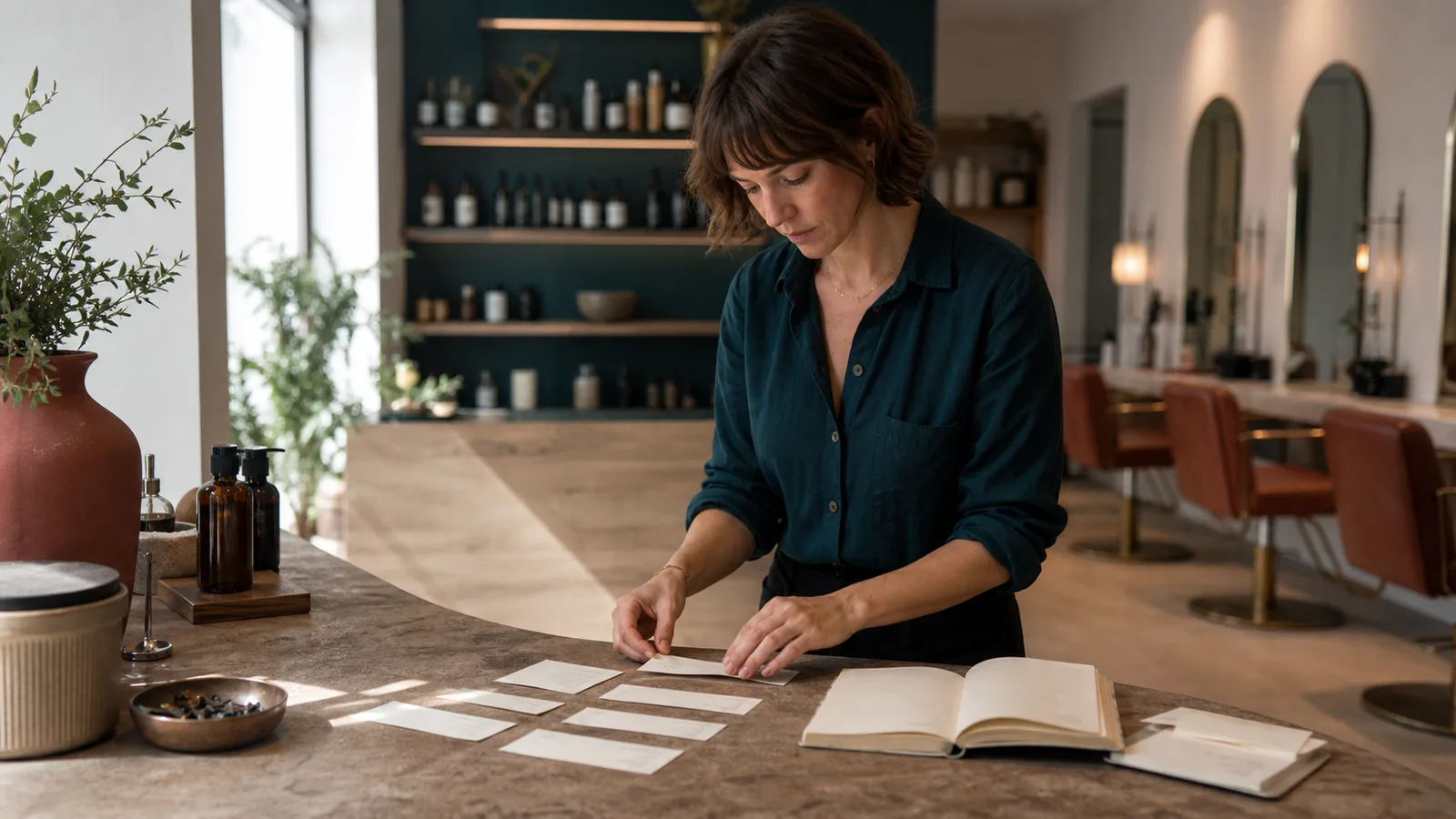 Fictional salon owner editing blank paper strips at a reception counter