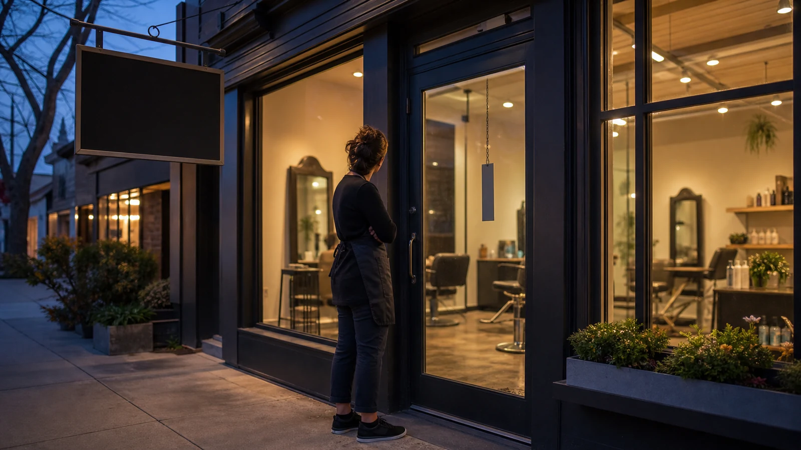 Fictional salon owner checking storefront availability with no readable hours