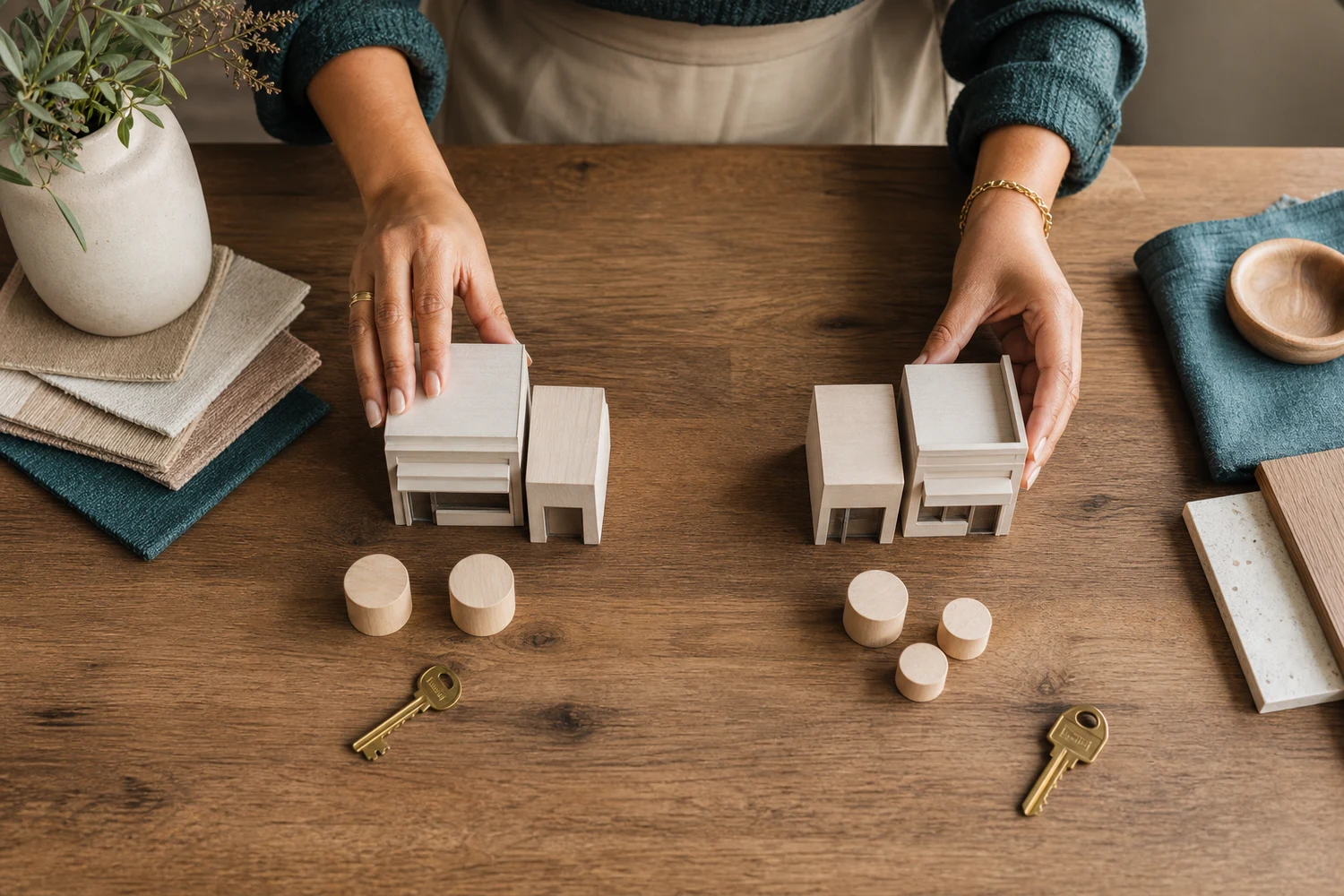 Fictional salon owner organizing two location decisions with unmarked models