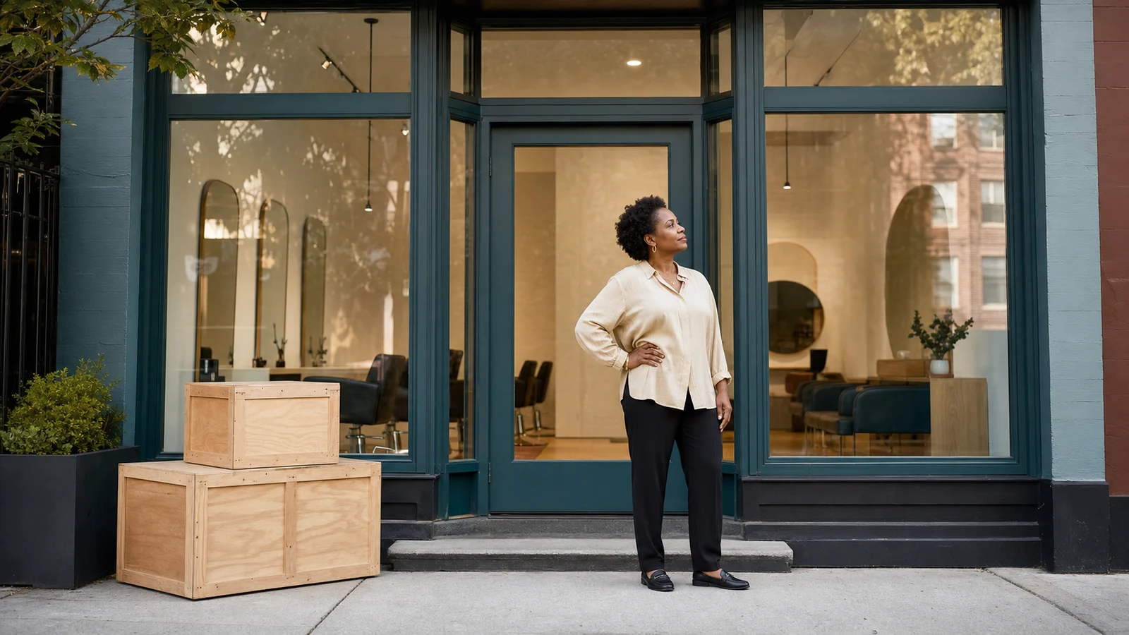 Fictional salon owner outside a storefront verifying the location