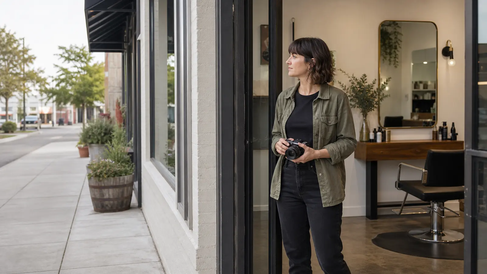 Illustrative salon owner planning truthful storefront and interior photography