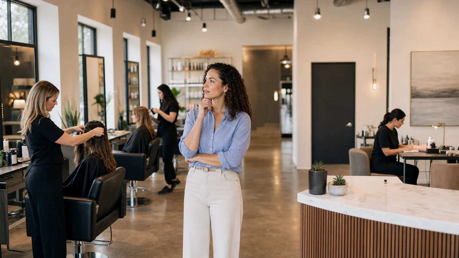 Salon owner evaluating the whole business before choosing Google profile categories
