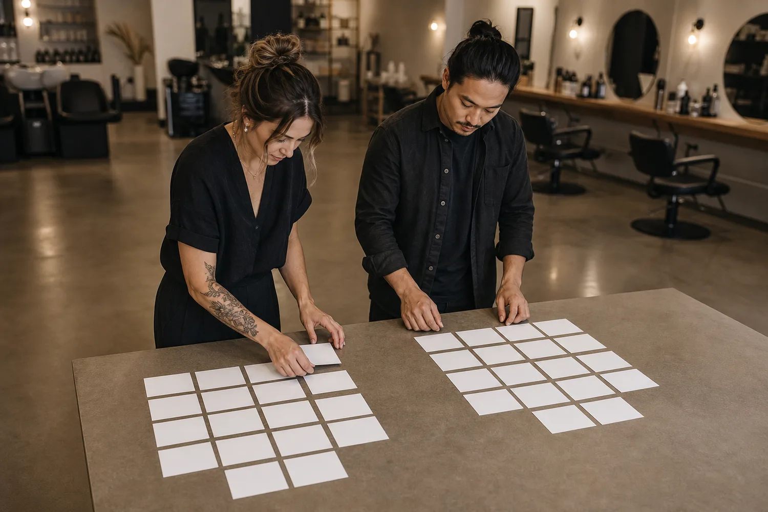 Illustrative salon team comparing two time periods without visible data