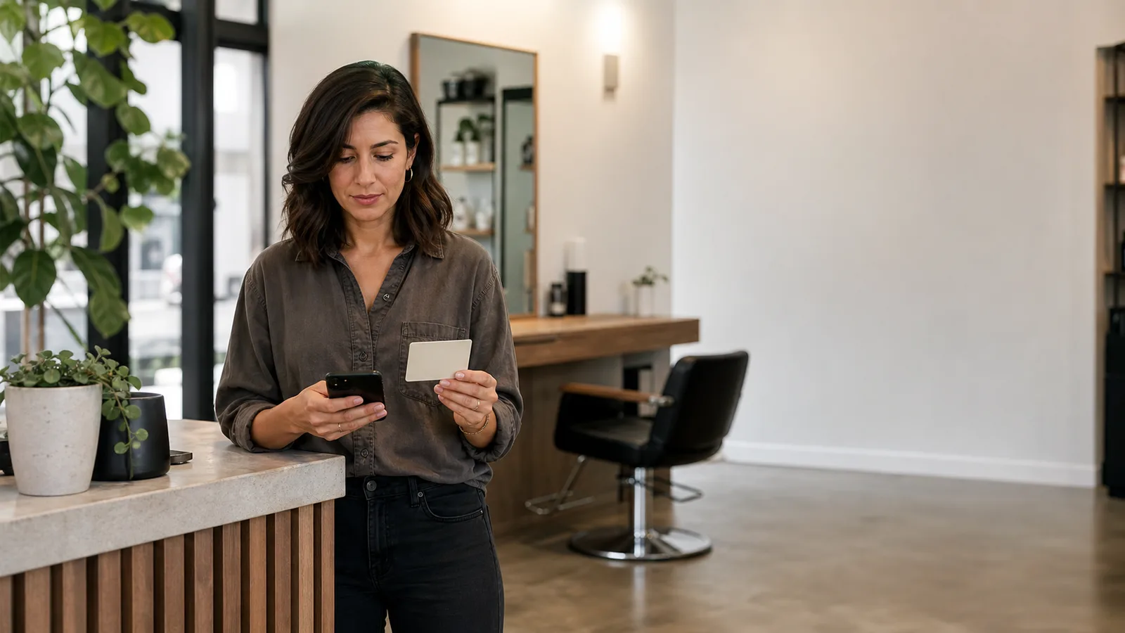 Salon owner confirming an open appointment before preparing a public post