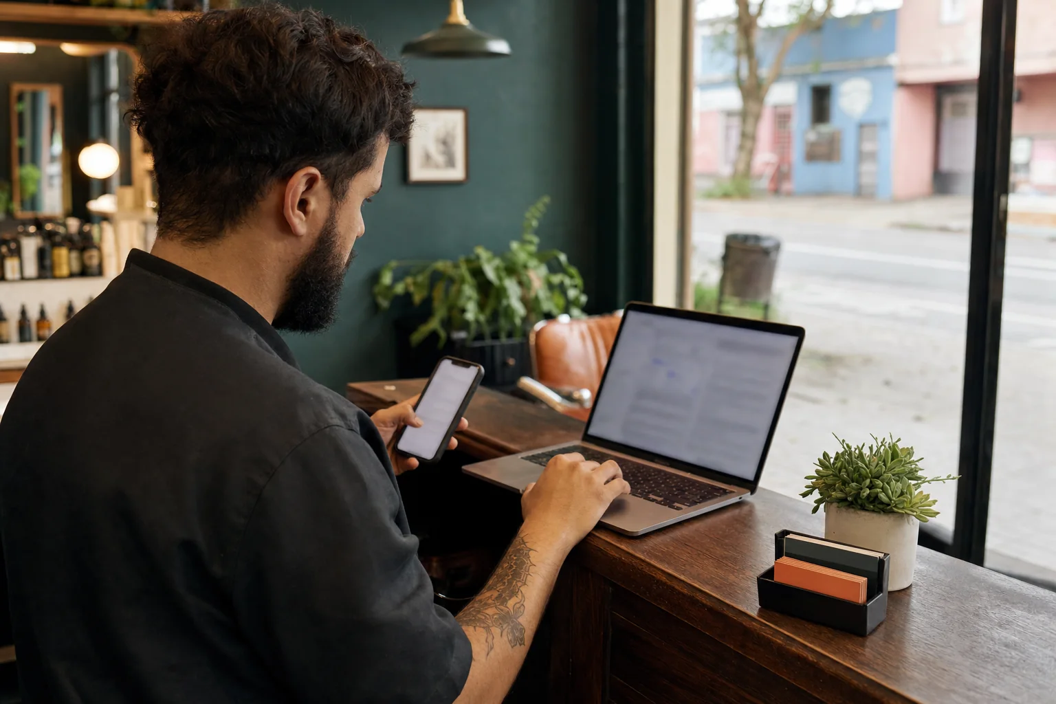 A local beauty-business manager comparing owner-side information on a laptop and phone