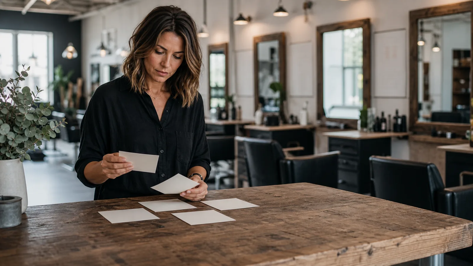 Illustrative salon owner comparing neutral information without a dashboard