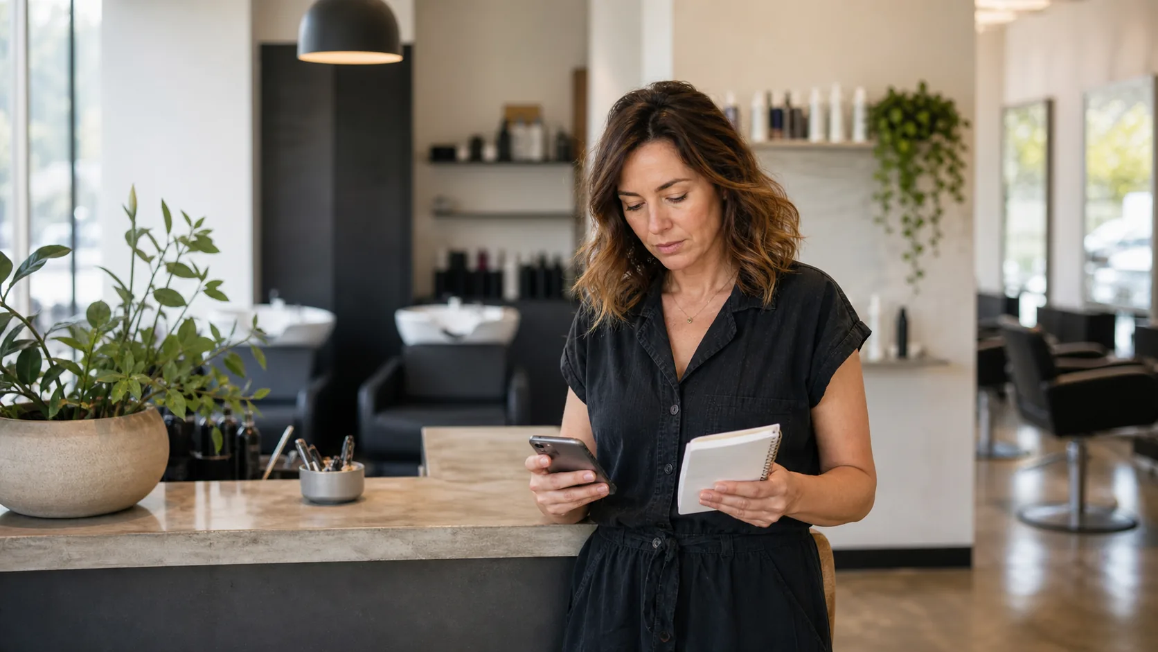 Salon owner reviewing customer feedback before choosing a public response