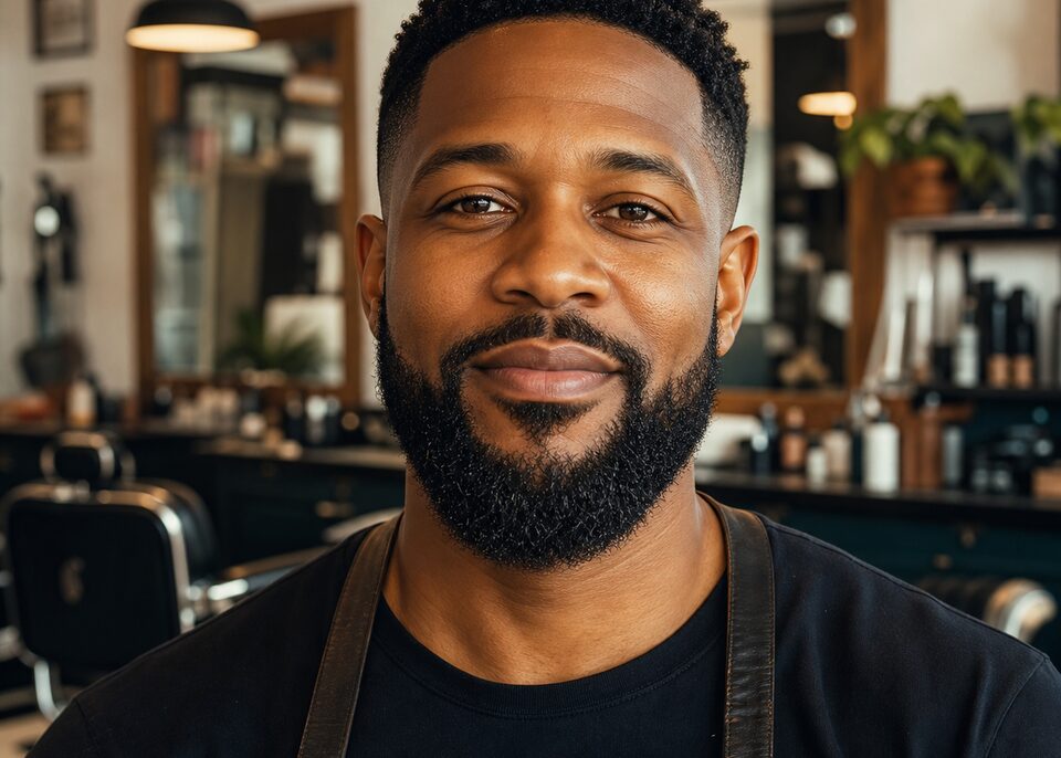 Illustrative portrait for Marcus B., a U.S. barbershop owner persona
