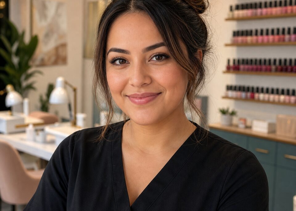 Illustrative portrait for Sofia R., a U.S. nail studio owner persona